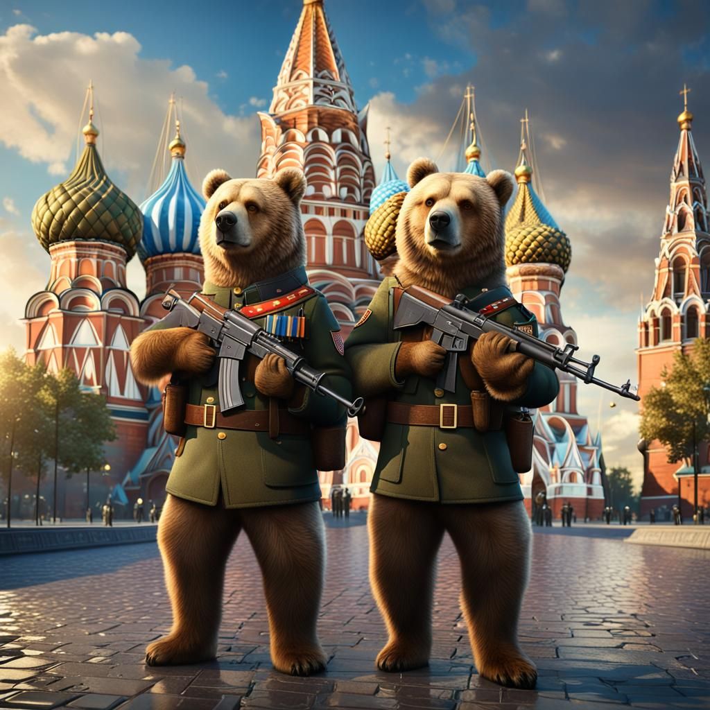 Bears in Military Uniforms Before Saint Basil's Cathedral