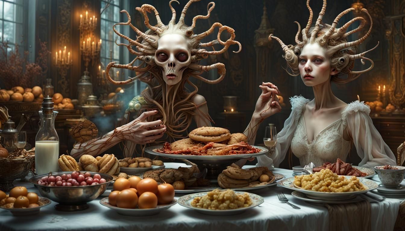 Bizarre Futuristic Feast in Magical Realism Style