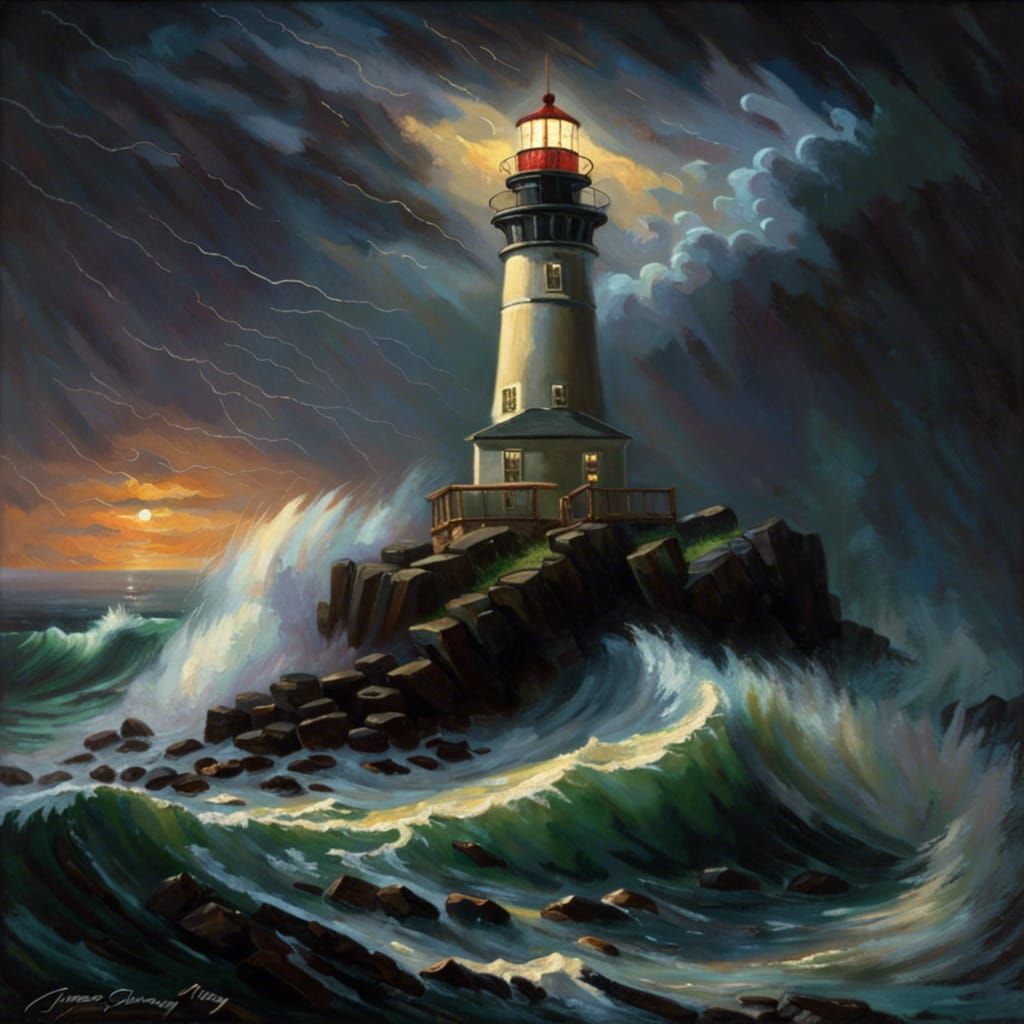 American Lighthouse Shining on Stormy Coast