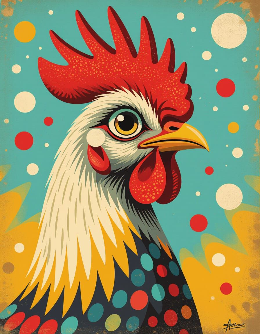 Abstract Cockerel in Mid-Century Atomic Style
