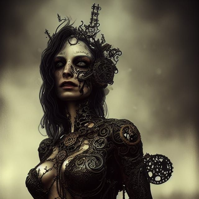 Steampunk Beauty with Metallic Tattoos in 3D