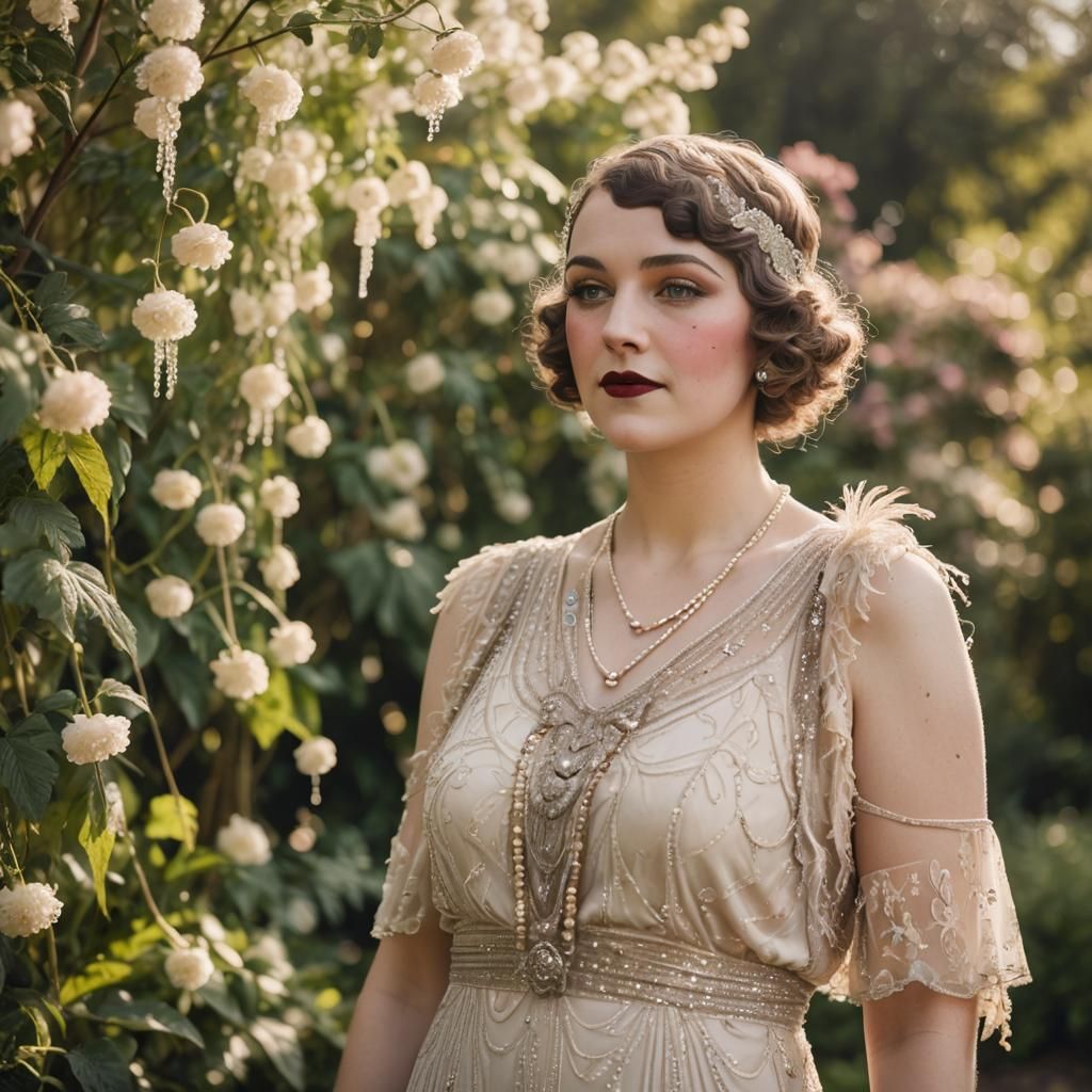 Vintage 1920s Flapper Portrait in Sunny Garden