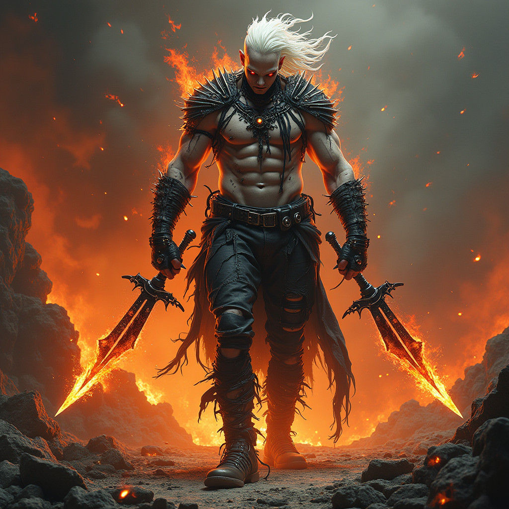 Albino Punk Warrior Rises from Hell in Gothic Landscape