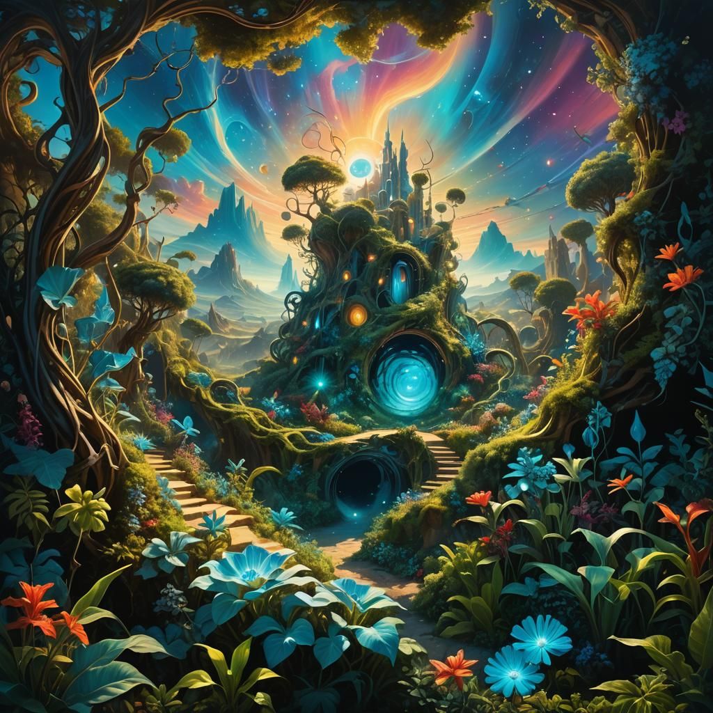 Surreal Fantasy Landscape with Space Portals