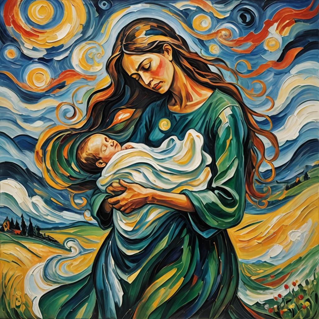 Expressionist Mother and Child in Tumultuous Skies