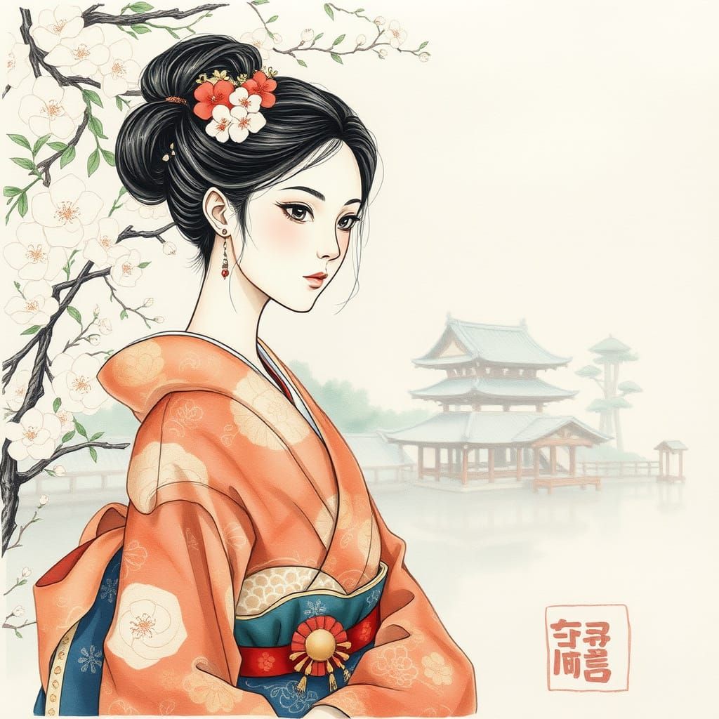 Shima-Enaga in Kimono, Japanese Garden Watercolor