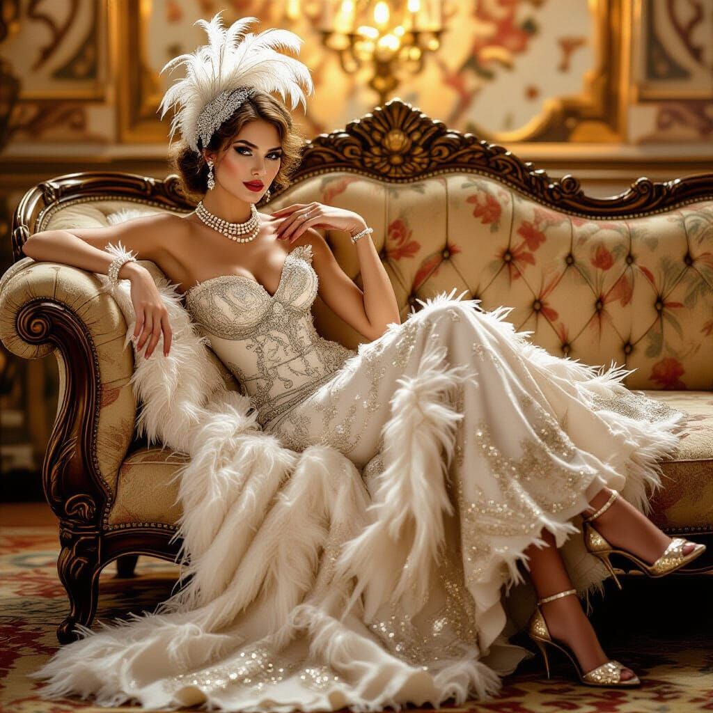 Elegant Woman in Feathered Gown on Vintage Sofa