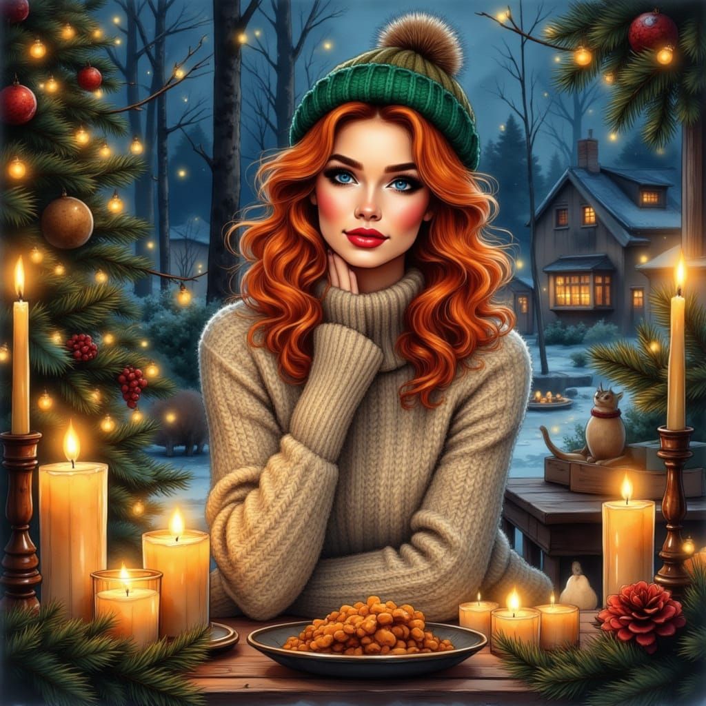 Woman in Festive Sweater Amid Winter Wonderland