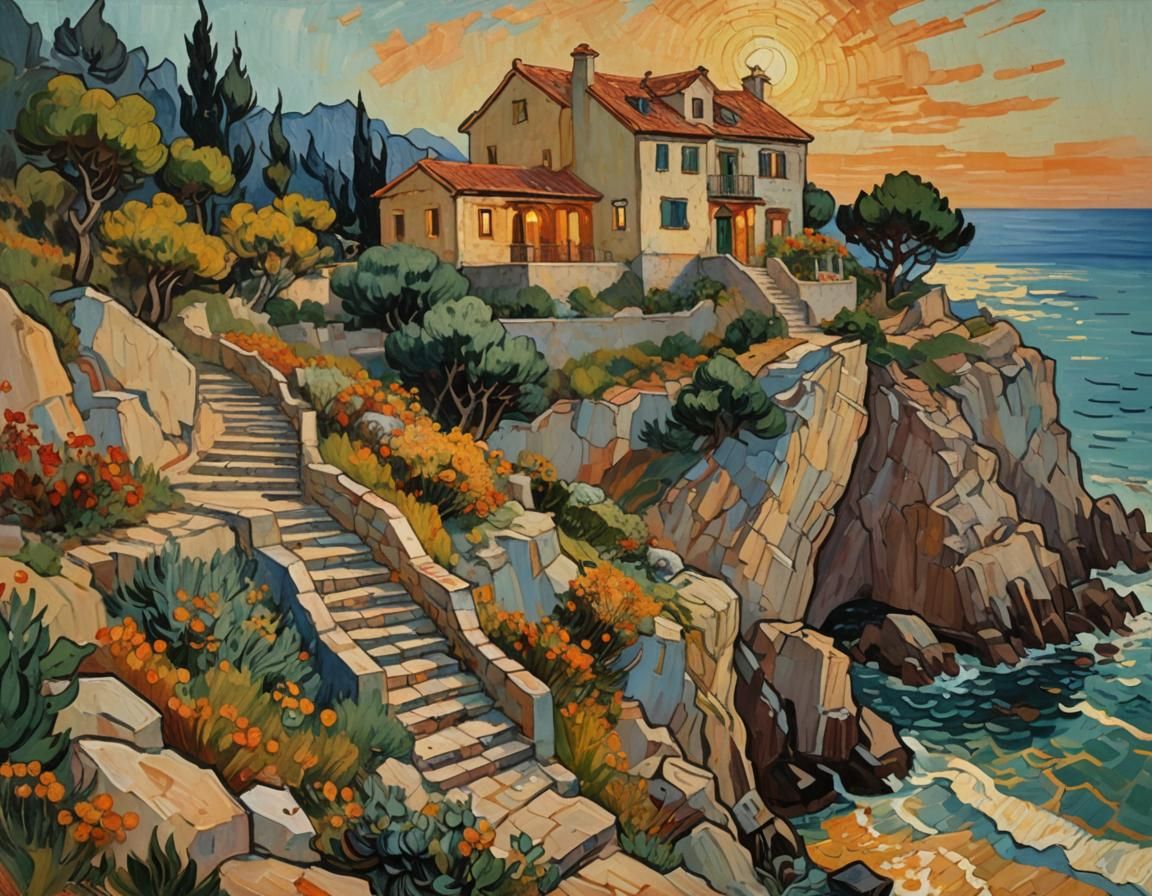 Mediterranean Villa Overlooking Sea as Impasto Painting