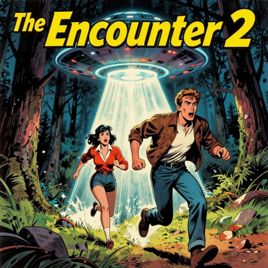 1960s Comic Cover: UFO Encounter in Forest