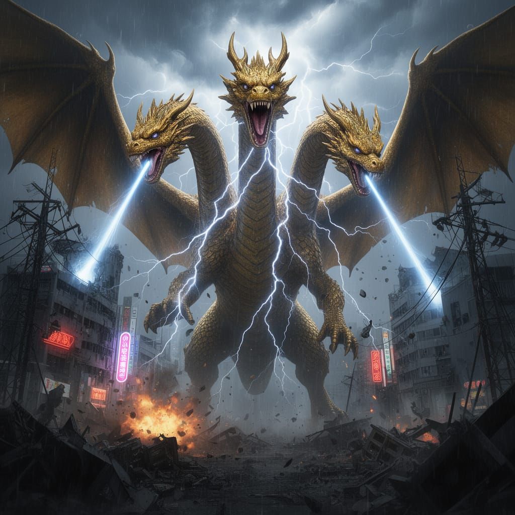 King Ghidorah Dominates Storm-Ravaged City in Photorealistic...
