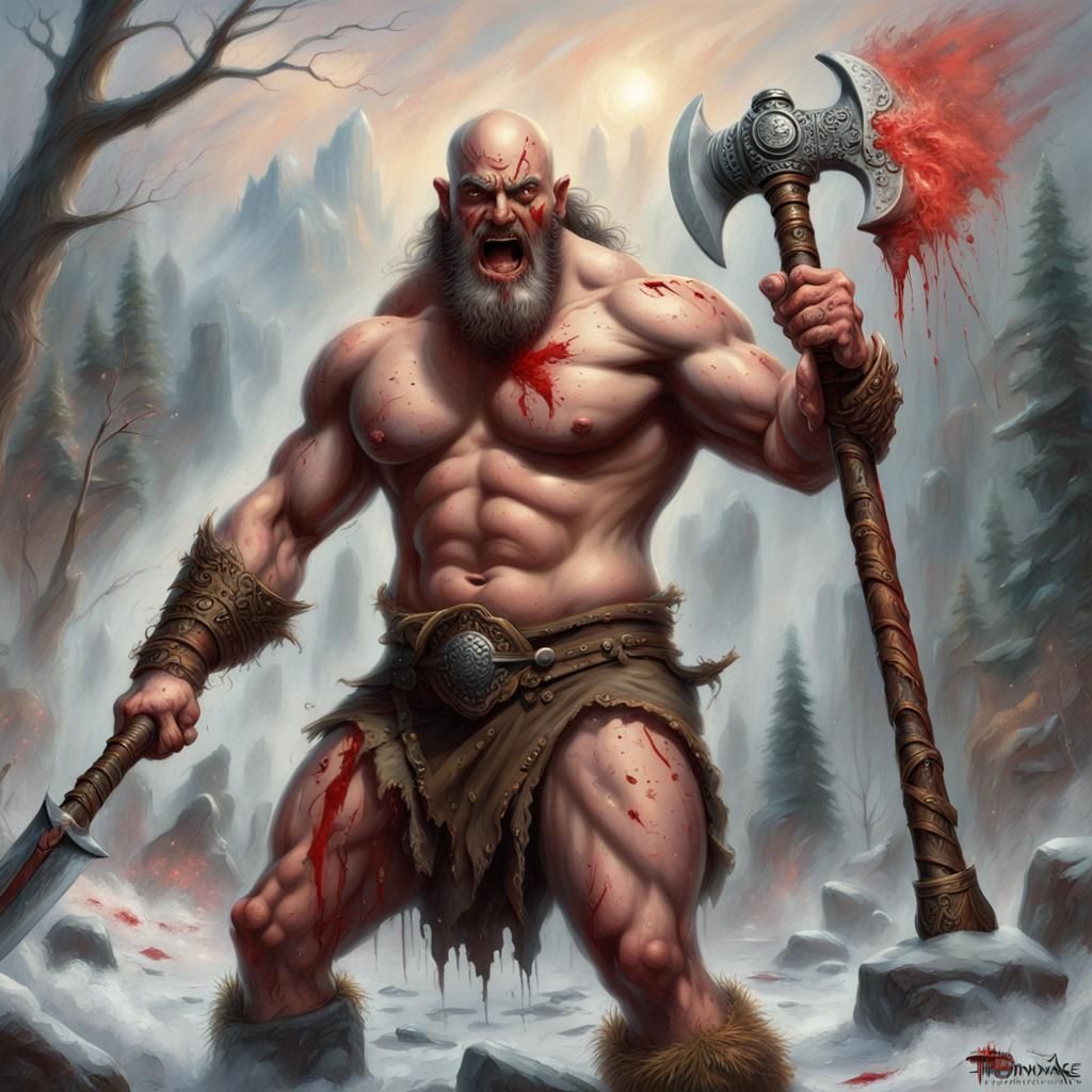 Furious Barbarian Warrior with Battle Axe in Ethereal Mist