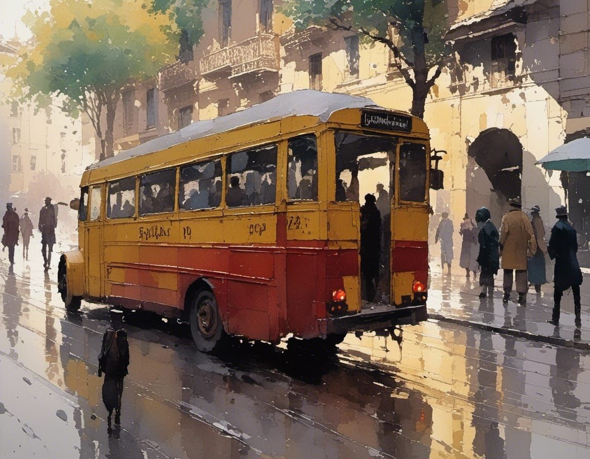 Yellow Bus in Middle Eastern City, Impressionist Painting