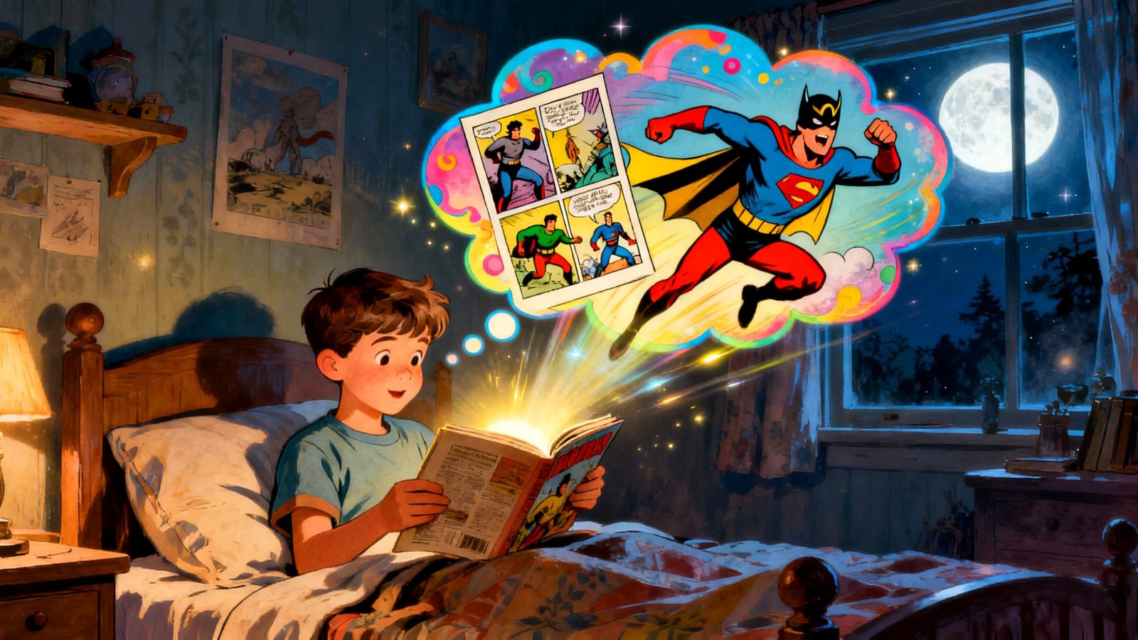 Boy Imagines Heroic Adventures in Cozy Bedroom