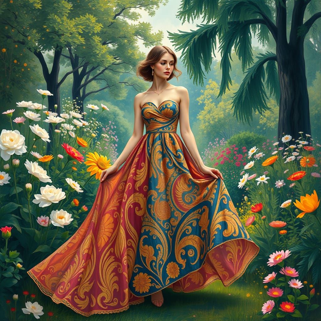 Woman in Garden: Impressionist Painting with Golden Accents