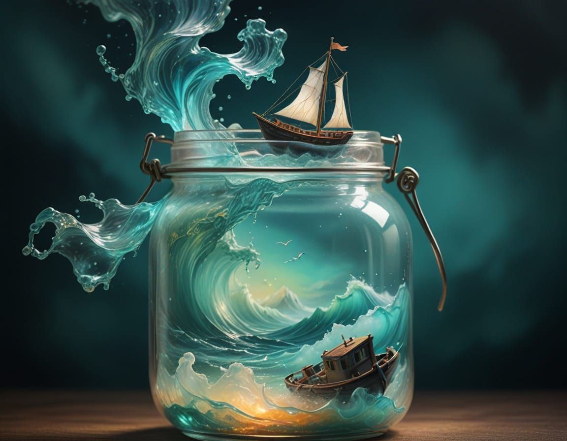 Surreal Boat in a Jar: Vibrant Oil Painting