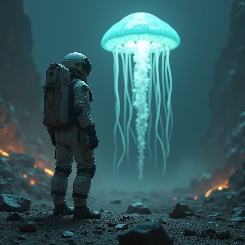 Astronaut and Bioluminescent Jellyfish on Alien Planet