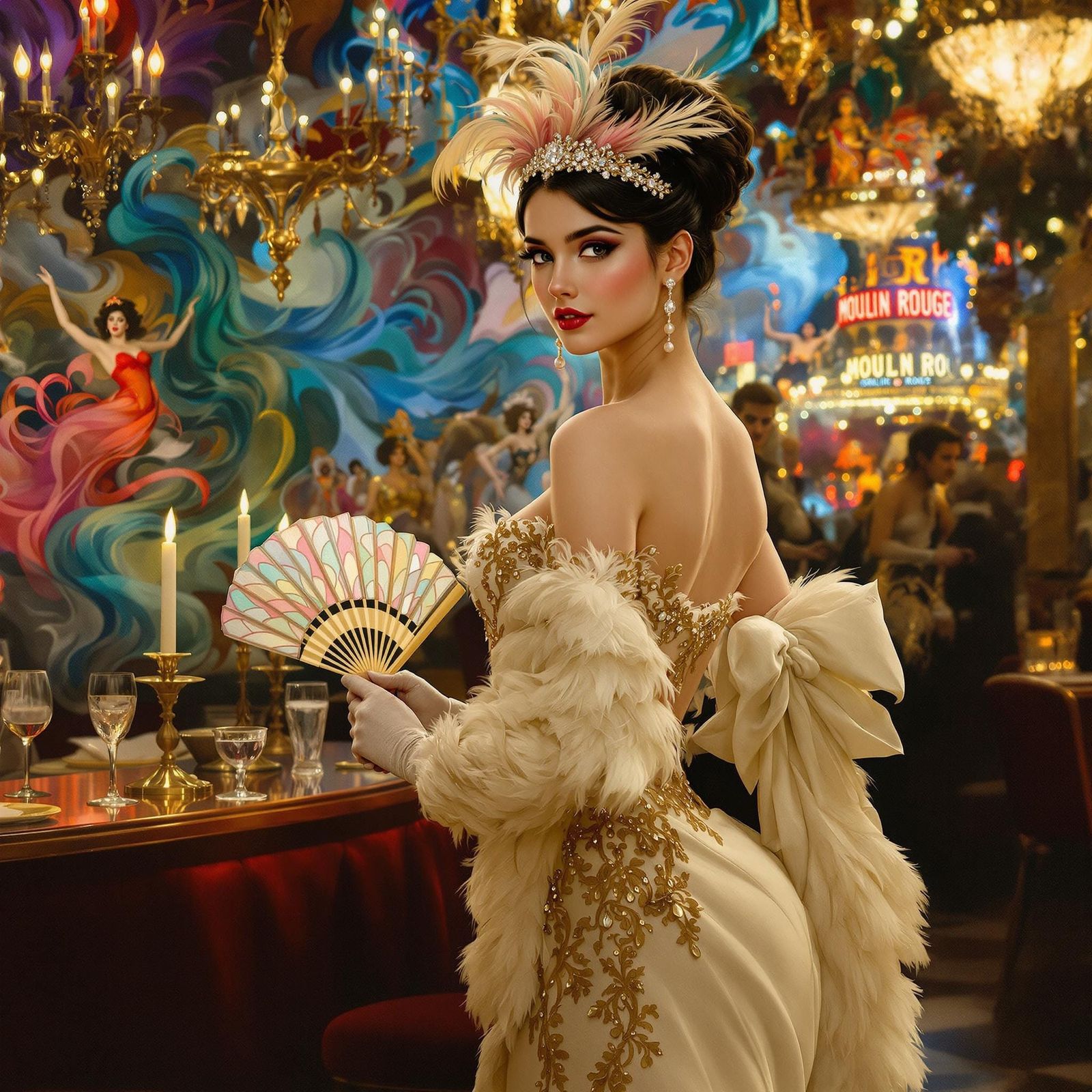 Elegant Woman in Ivory Silk Robe at the Moulin Rouge