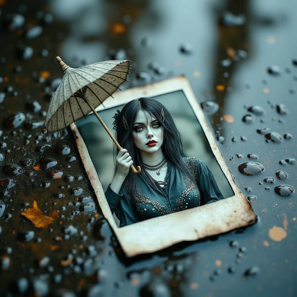 Gothic Porcelain Girl in Rainy Puddle
