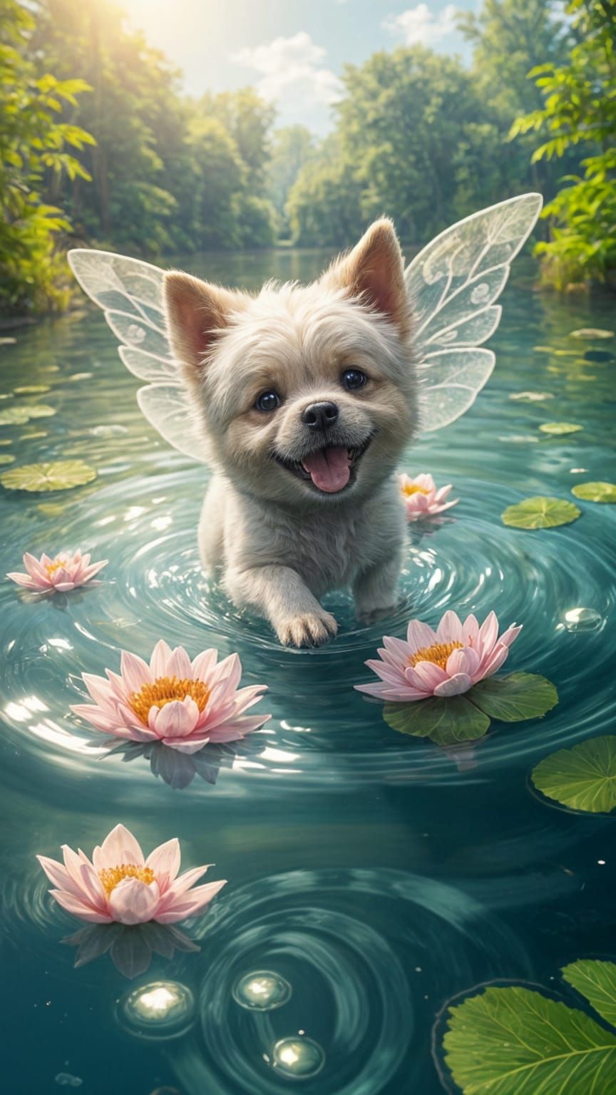 Whimsical Fairy Dog Plays in Water
