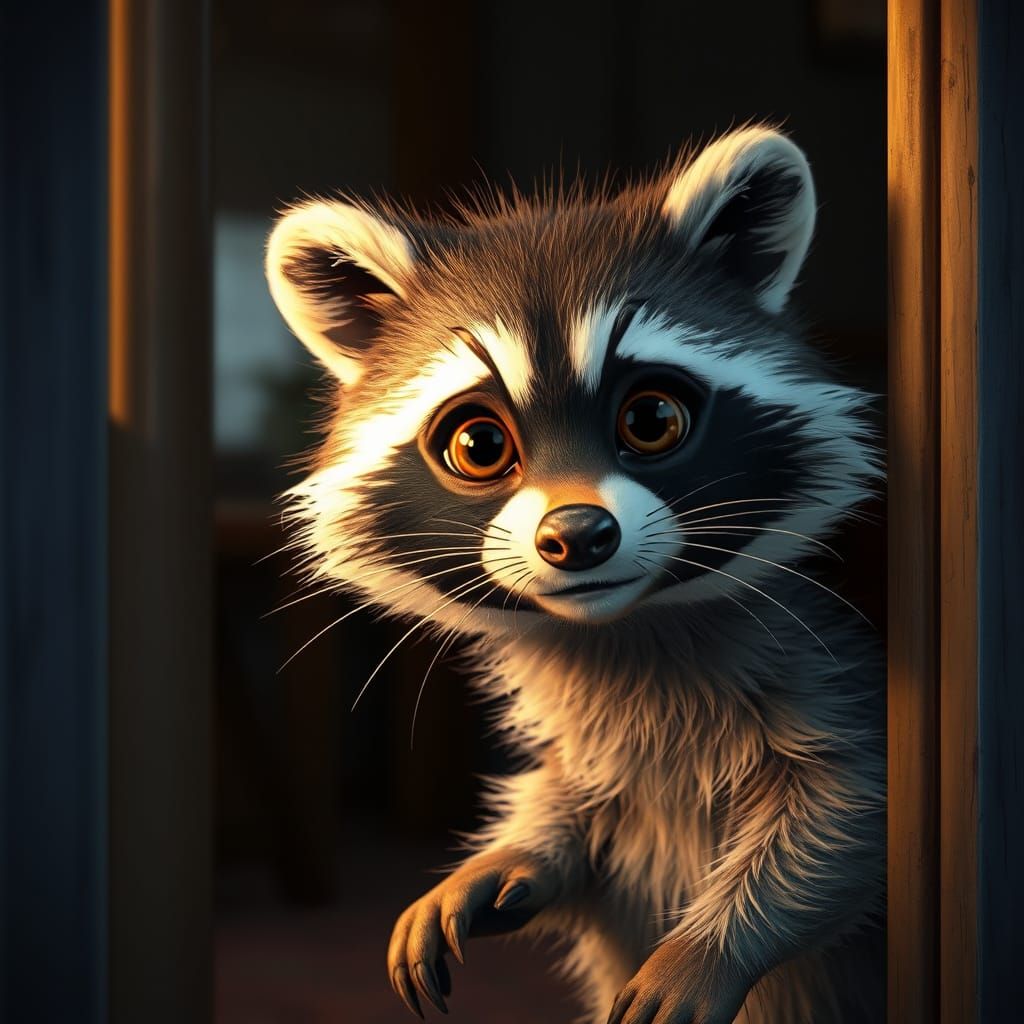 Raccoon Gazing Through Patio Doors with Expressive Lighting