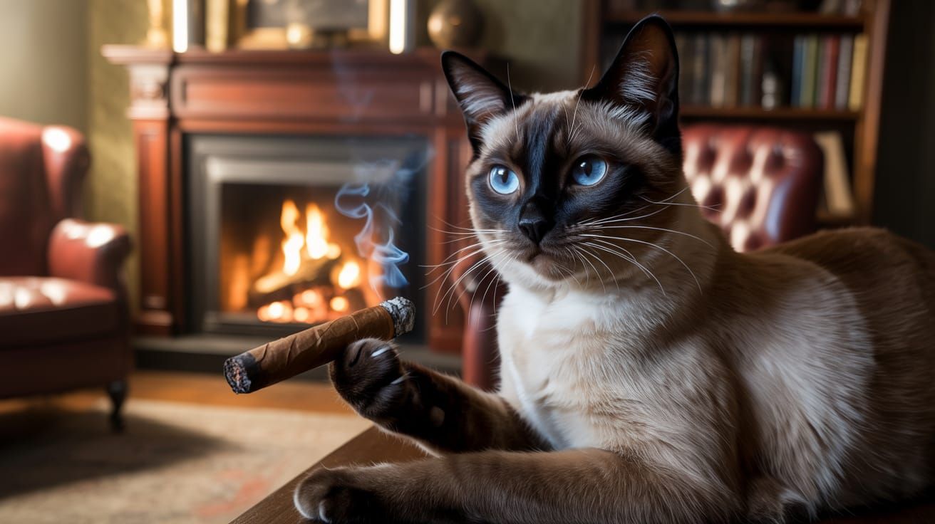 Siamese Cat with Blue Eyes by Firelight