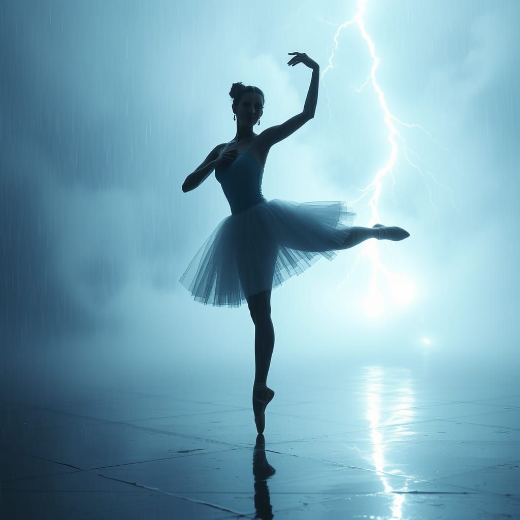 A ballerina in a pale blue romantic tutu stands in the midst...