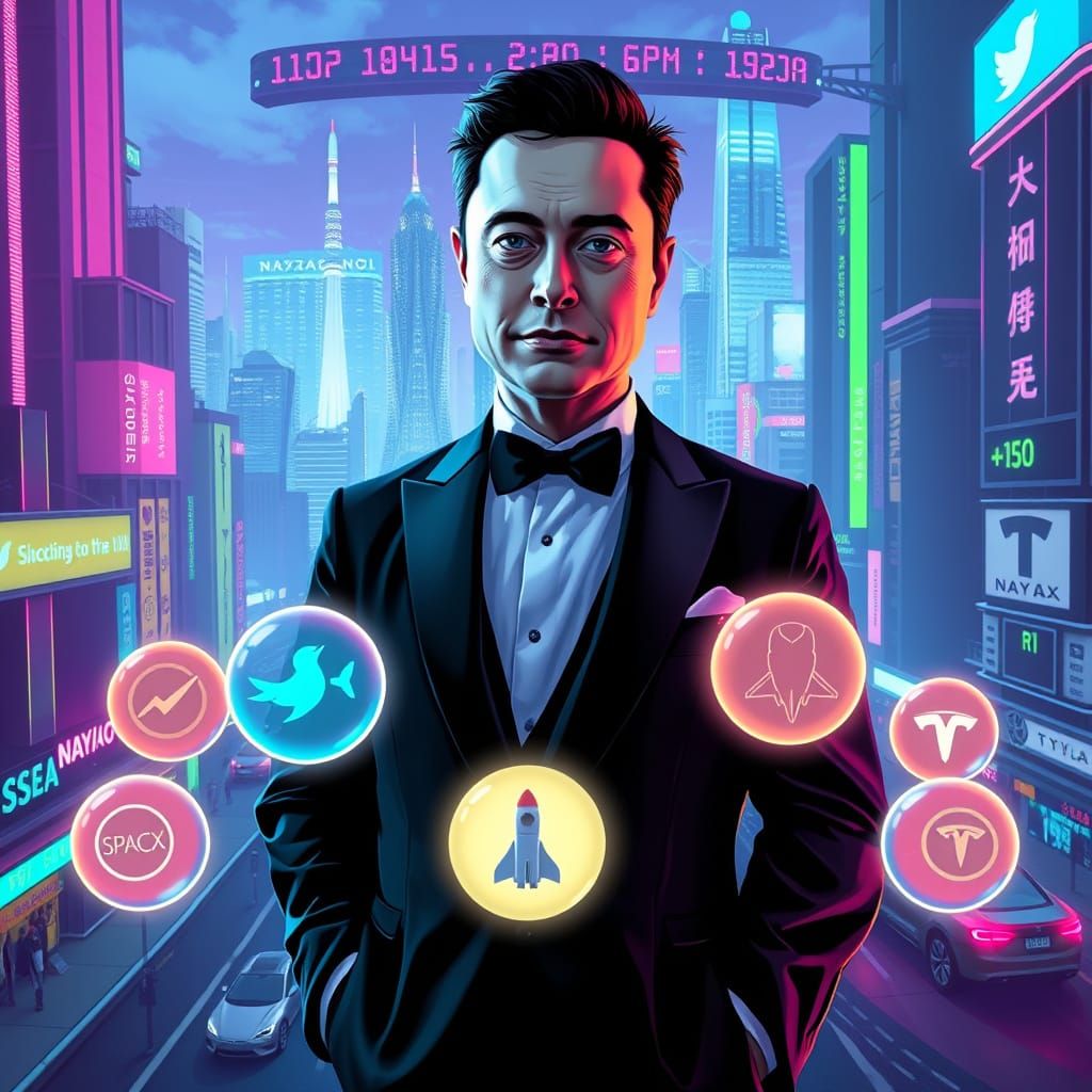 Futuristic Cityscape Music Album Cover: Elon Musk in Neon-Li...