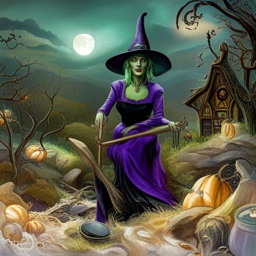 Cackling Halloween Witch with Cauldron, Digital Art