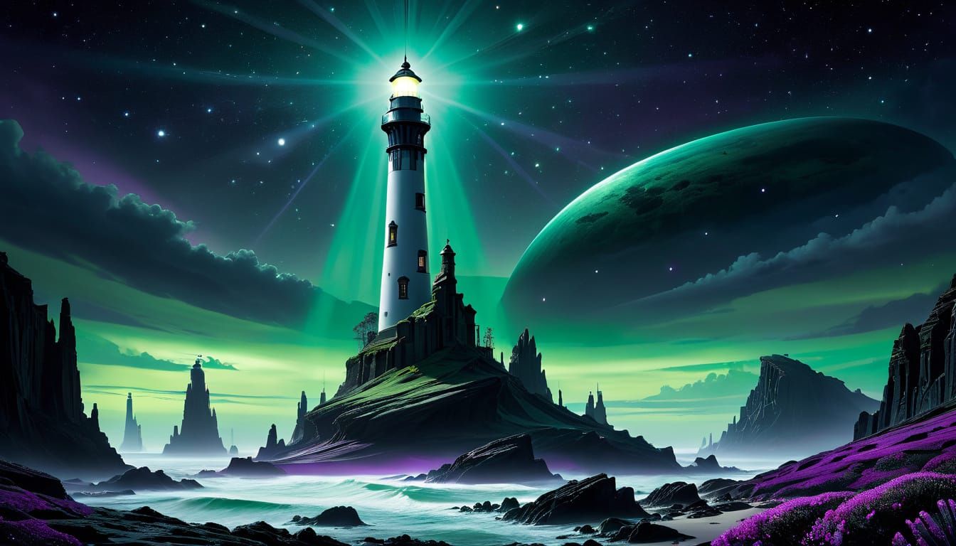 Alien Lighthouse: Surreal Biomechanical Landscape