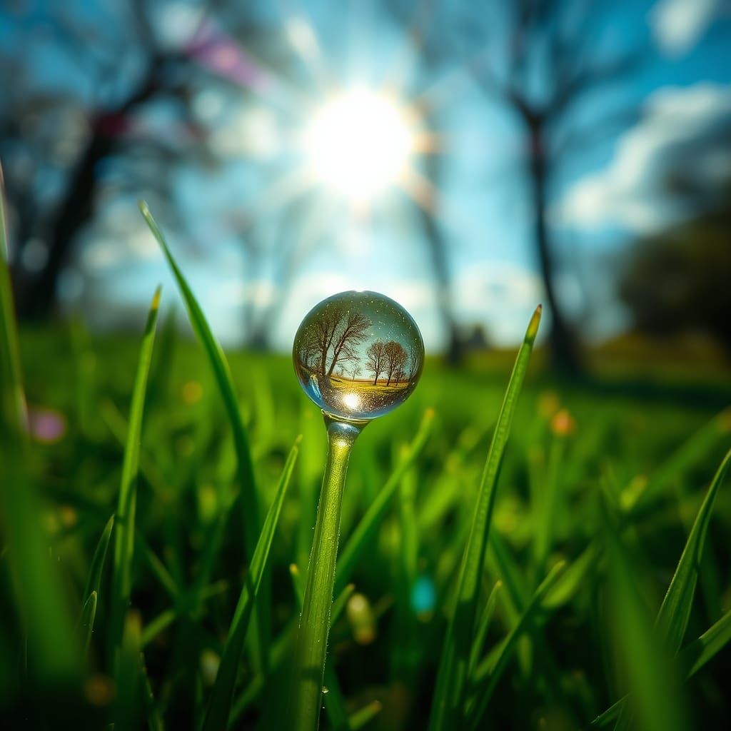 Dewdrop Reflecting Spring Meadow, Macro Photography