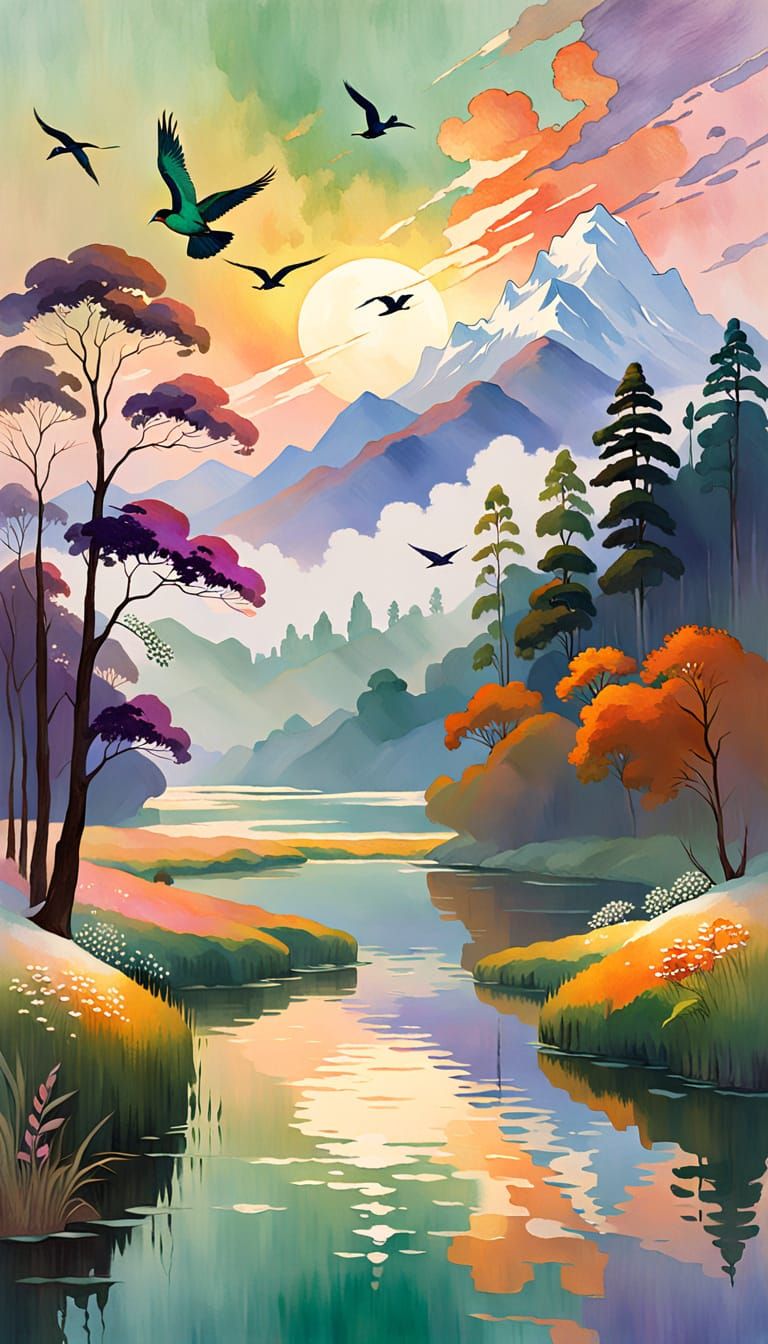 Lush Emerald Landscape with Majestic Mountains and Vibrant W...