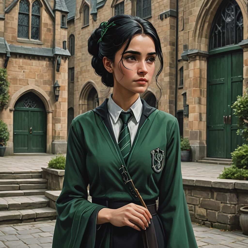 Slytherin Woman in Hogwarts Courtyard: Anime Style