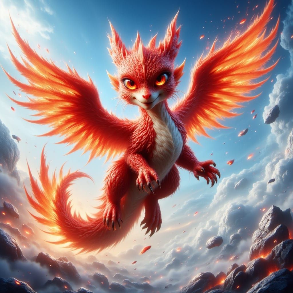 Fiery Phoenix-Dragon Hybrid Soaring in Bright Sky