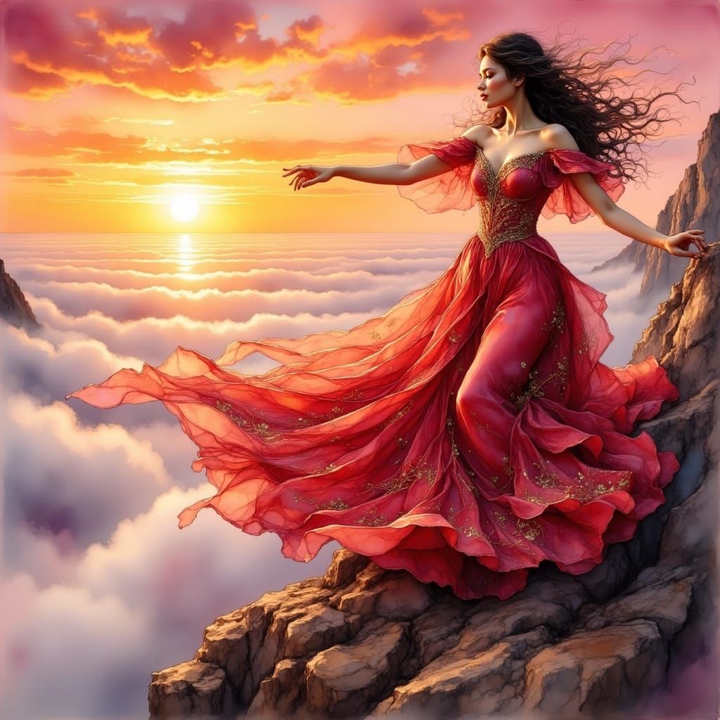 Elegant Sunset Goddess on a Mountain Peak
