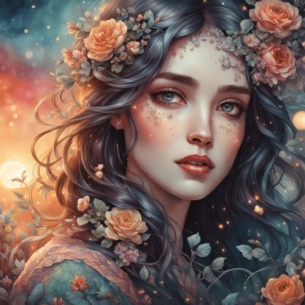 Surreal Woman Portrait in Muted Watercolor Style