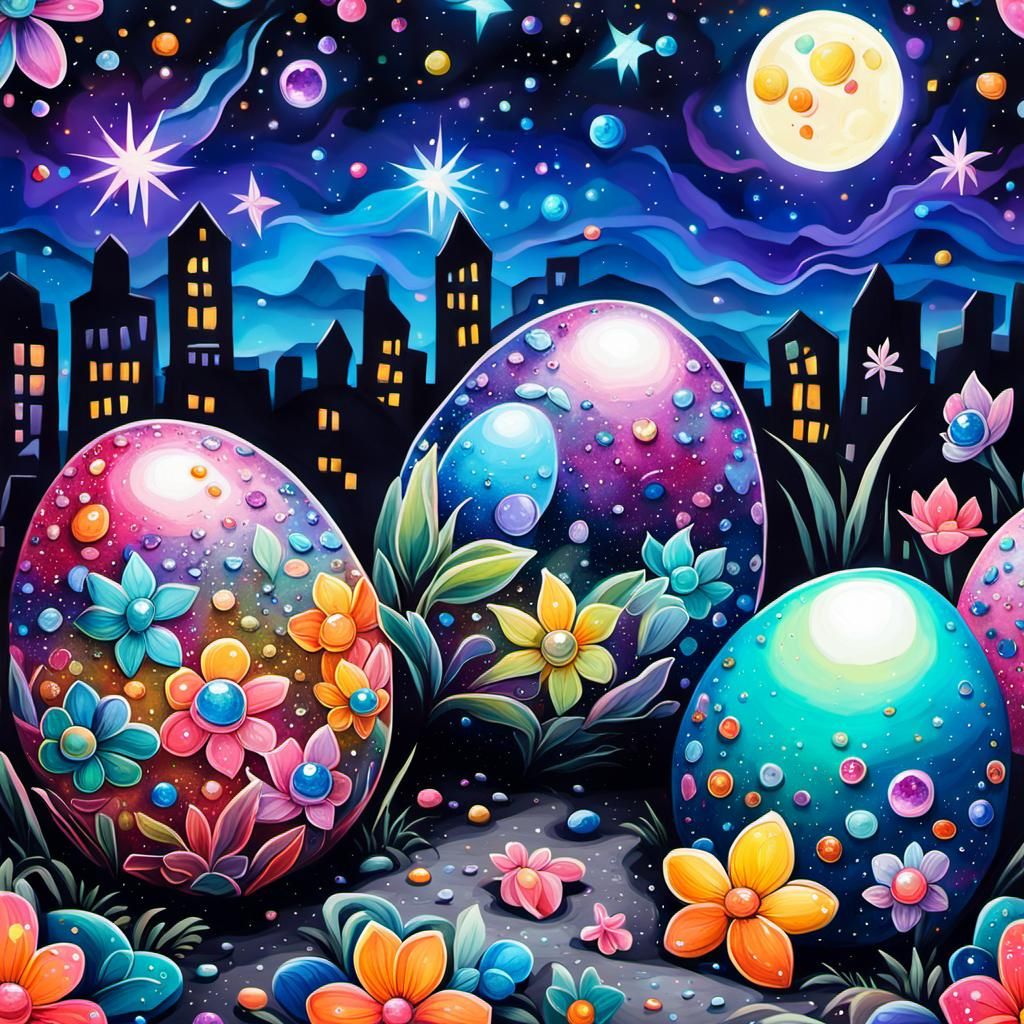 Iridescent Graffiti Art: Bejeweled Eggs in a Starry Night