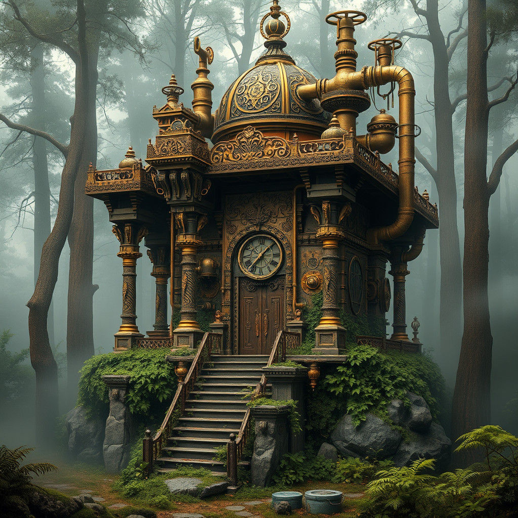 Ornate Steampunk Temple in Mystical Forest
