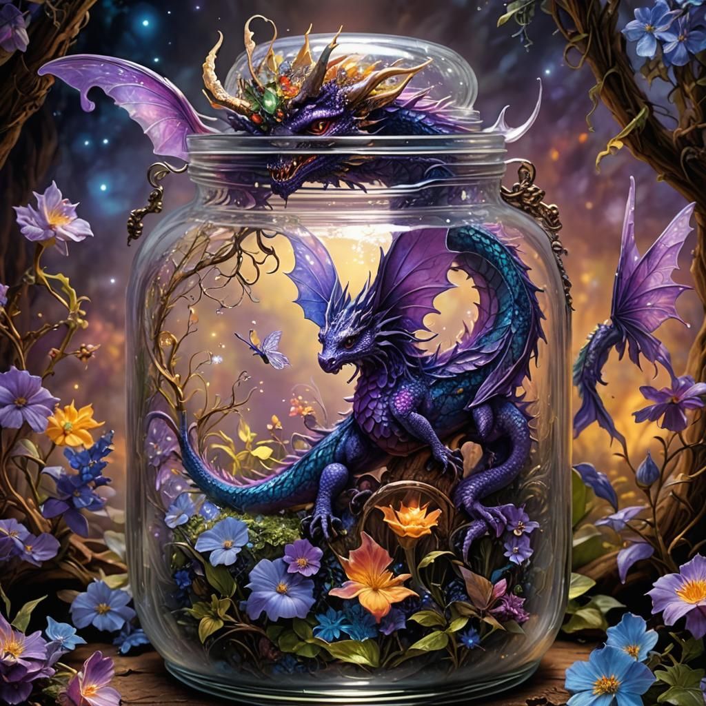 Fairy and Dragon Trapped in Glass Jar
