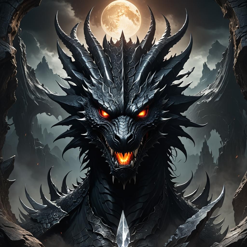 Dark Fantasy Black Dragon Silhouette with White Stone