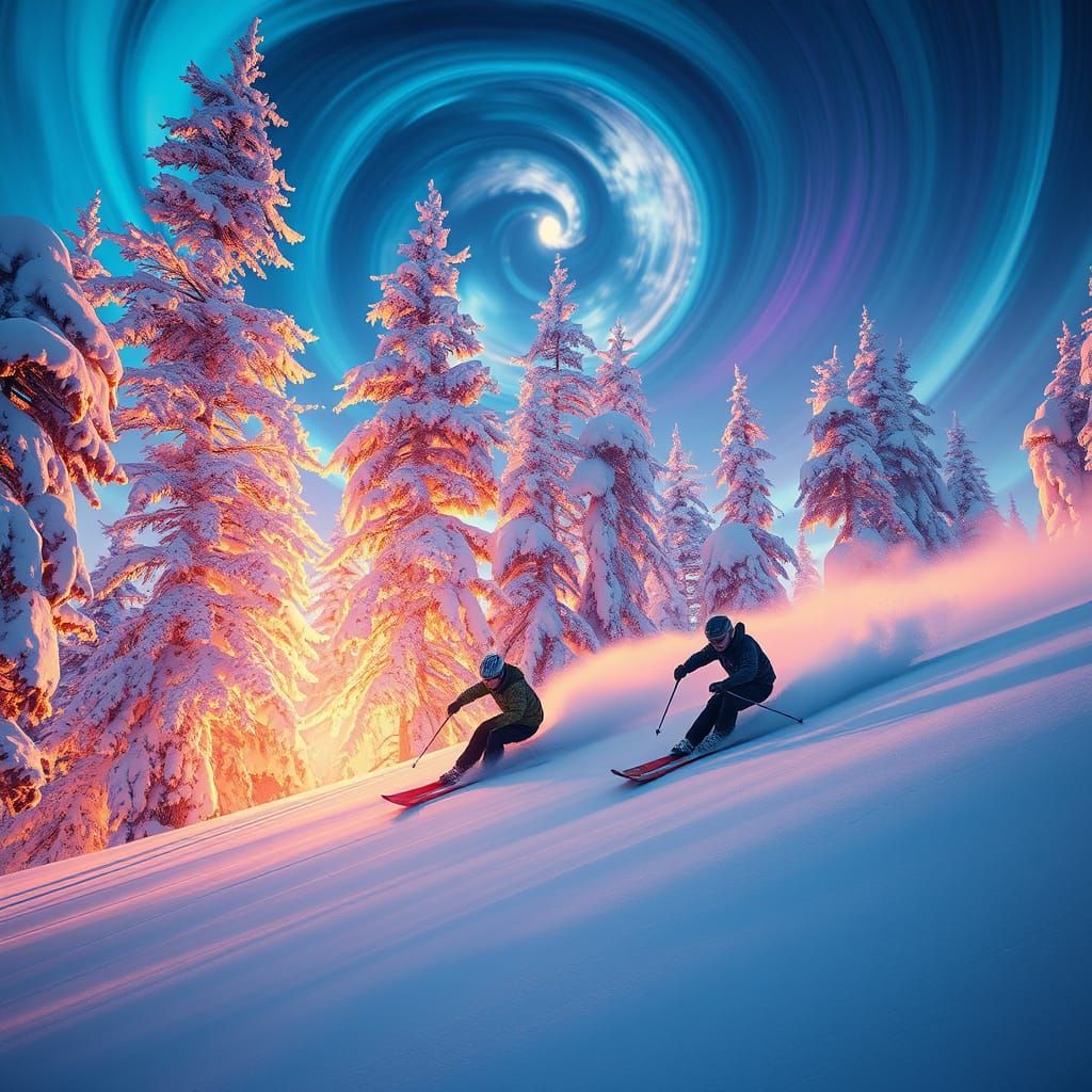 Skiers in a Dreamlike, Iridescent Winter Wonderland