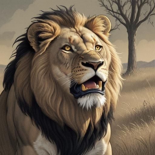 Lion Roaring in Savannah: Whimsical Pen and Ink