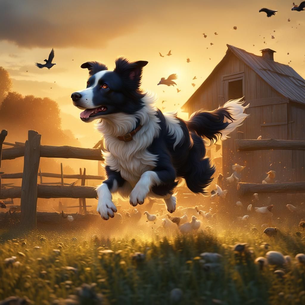 Heterochromatic Collie Chasing Chickens: Detailed Matte Pain...