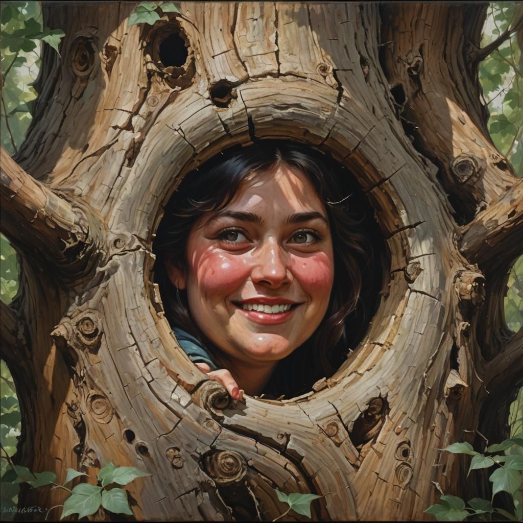 Woman in Tree Hollow, Oil Painting