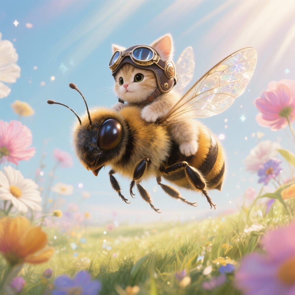 Fluffy Kitten Rides Bumblebee in Whimsical Fantasy Meadow