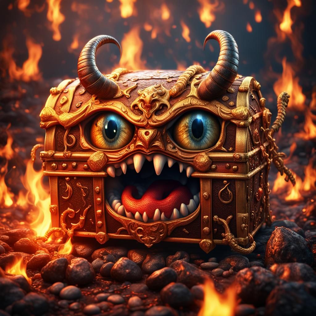 Treasure Chest Mimic in Demonic Fire, 3D Render