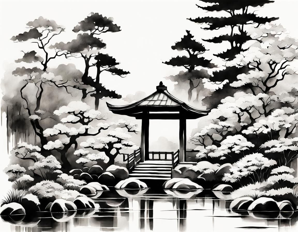 Monochrome Japanese Garden in Sumi-e Style