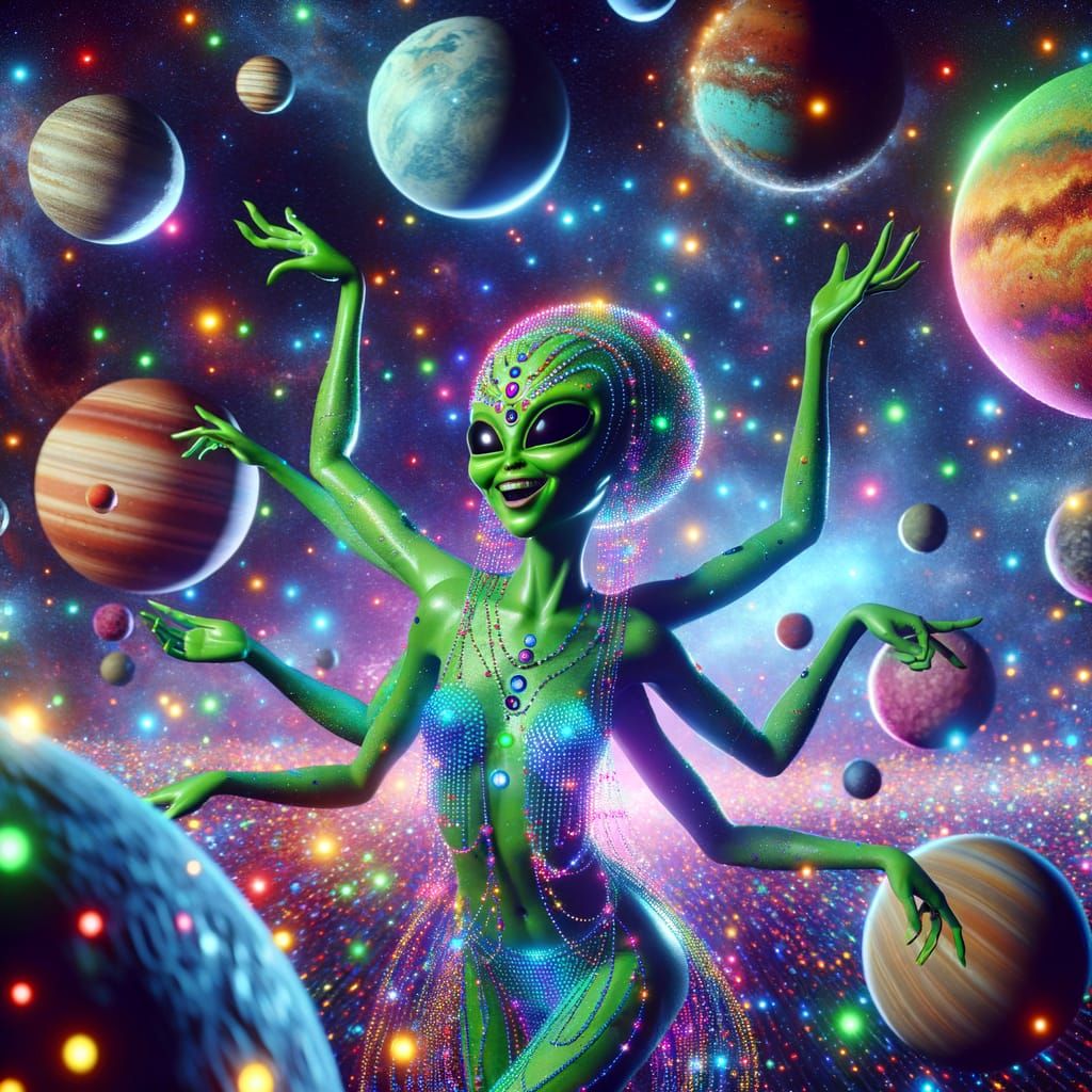 Galactic Disco Goddess Amidst Vibrant Planets