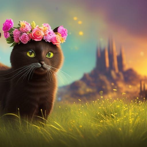 Cute Cat with Flower Crown: Fantasy Concept Art