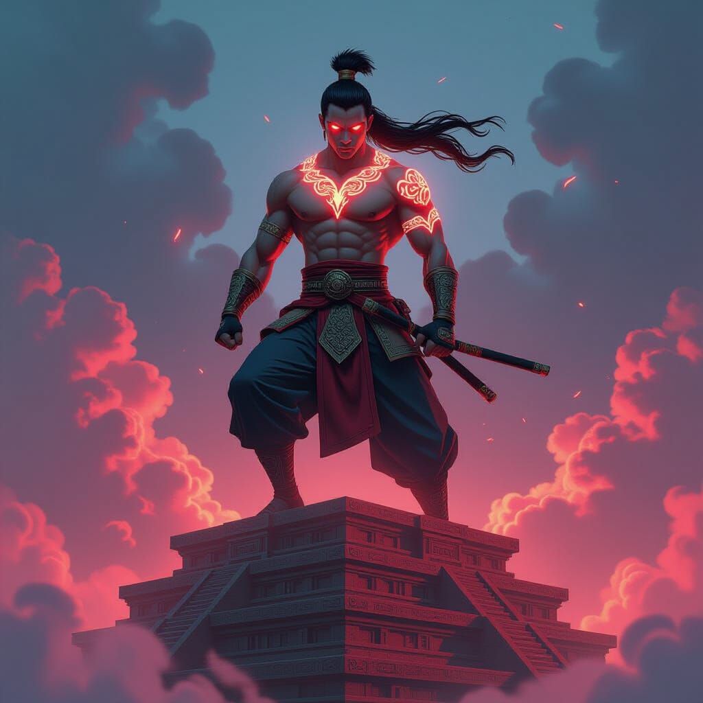 Muay Thai Warrior Atop Ancient Ziggurat in Anime Style